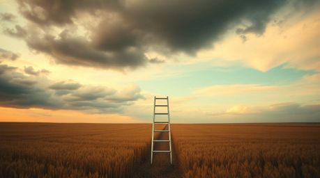 A captivating minimalist image depicts a silver ladder standing in a vast open field under a dramatic, cloudy sky.  Styled wi