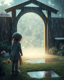 A captivating image showcasing a child's enchanting discovery of a magical portal in their backyard during a gentle rain. Th