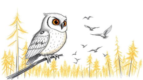 A heartwarming hand-drawn sketch in the style of Pixar depicts a kind, blind owl with soft, textured feathers guiding a flock