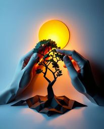 A mesmerizing image depicting hands planting a tree under a golden sky, rendered in an intricate origami style. The artwork f