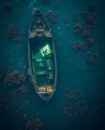 A breathtaking scene depicting a shipwreck illuminated in the deep underwater, captured from a bird's eye view perspective. T