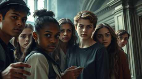 A captivating cinematic photograph showcases a diverse group of teenagers unraveling a mystery within a haunted mansion.  The