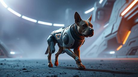 Explore a captivating high-resolution stock photo featuring a futuristic dog self-walking in space. This epic scene boasts am