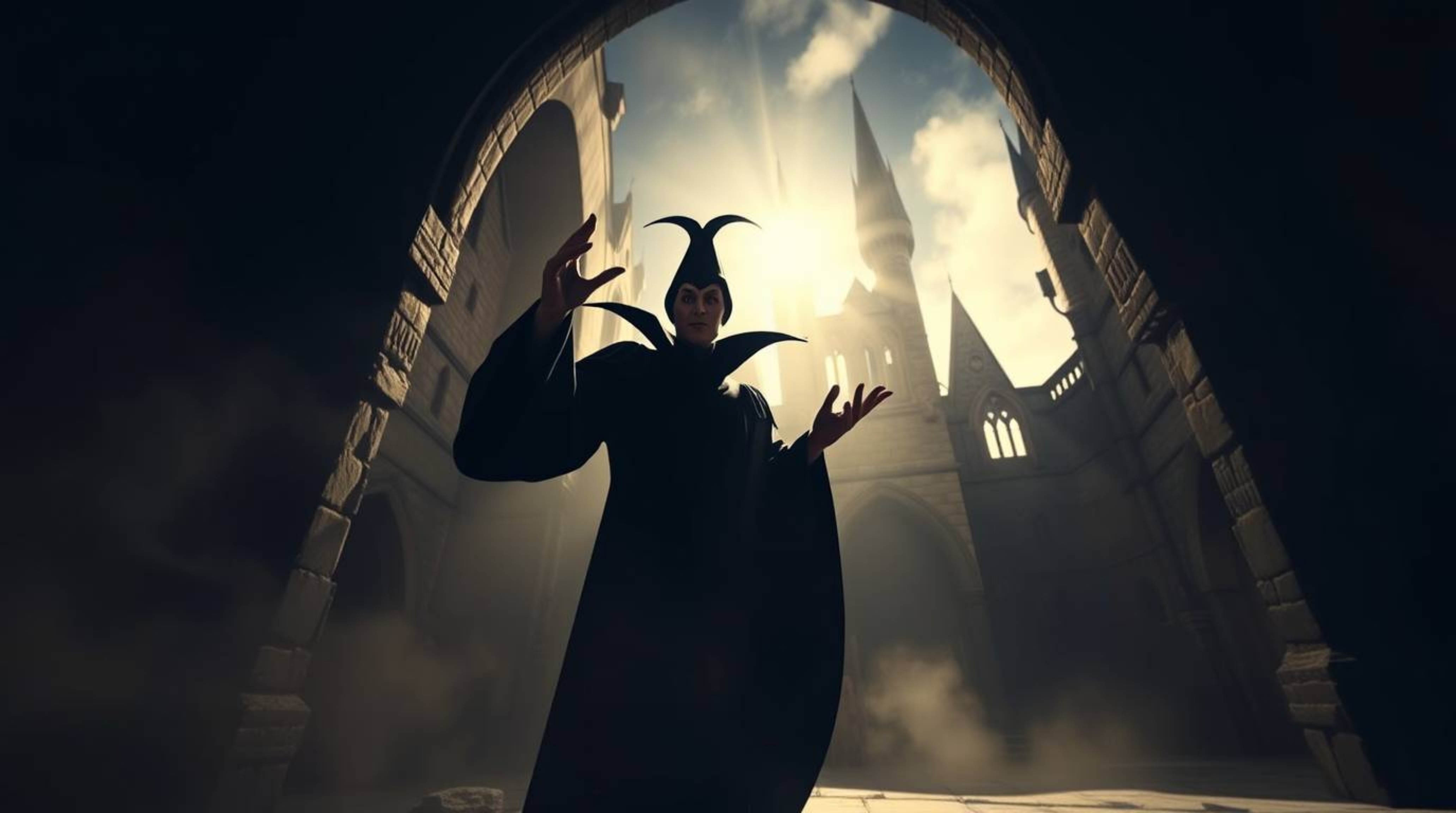 This professional, low-angle photograph captures a classic Disney villain in the midst of casting a powerful spell within the