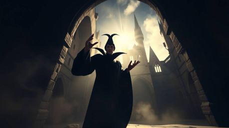 This professional, low-angle photograph captures a classic Disney villain in the midst of casting a powerful spell within the