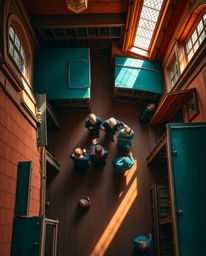 Capture the enchanting essence of a magical school brimming with young wizards from an overhead bird's eye perspective.  The 