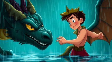 A charming prince with fair skin and determined features bravely battles a fierce dragon in a captivating 1950s animation sty