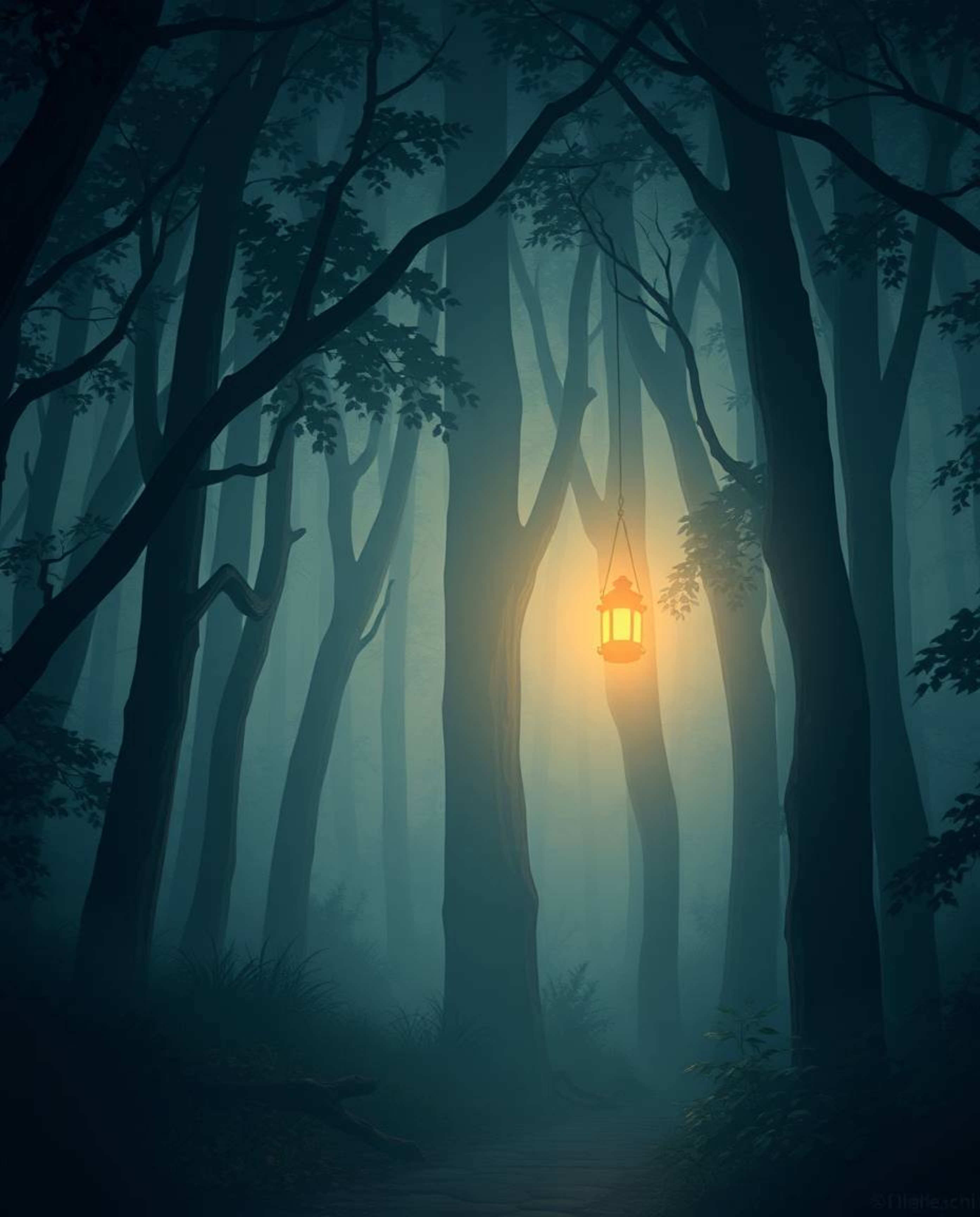 Explore a dreamy Isekai world brought to life with a glowing lantern illuminating a thick, foggy forest. This scene features 