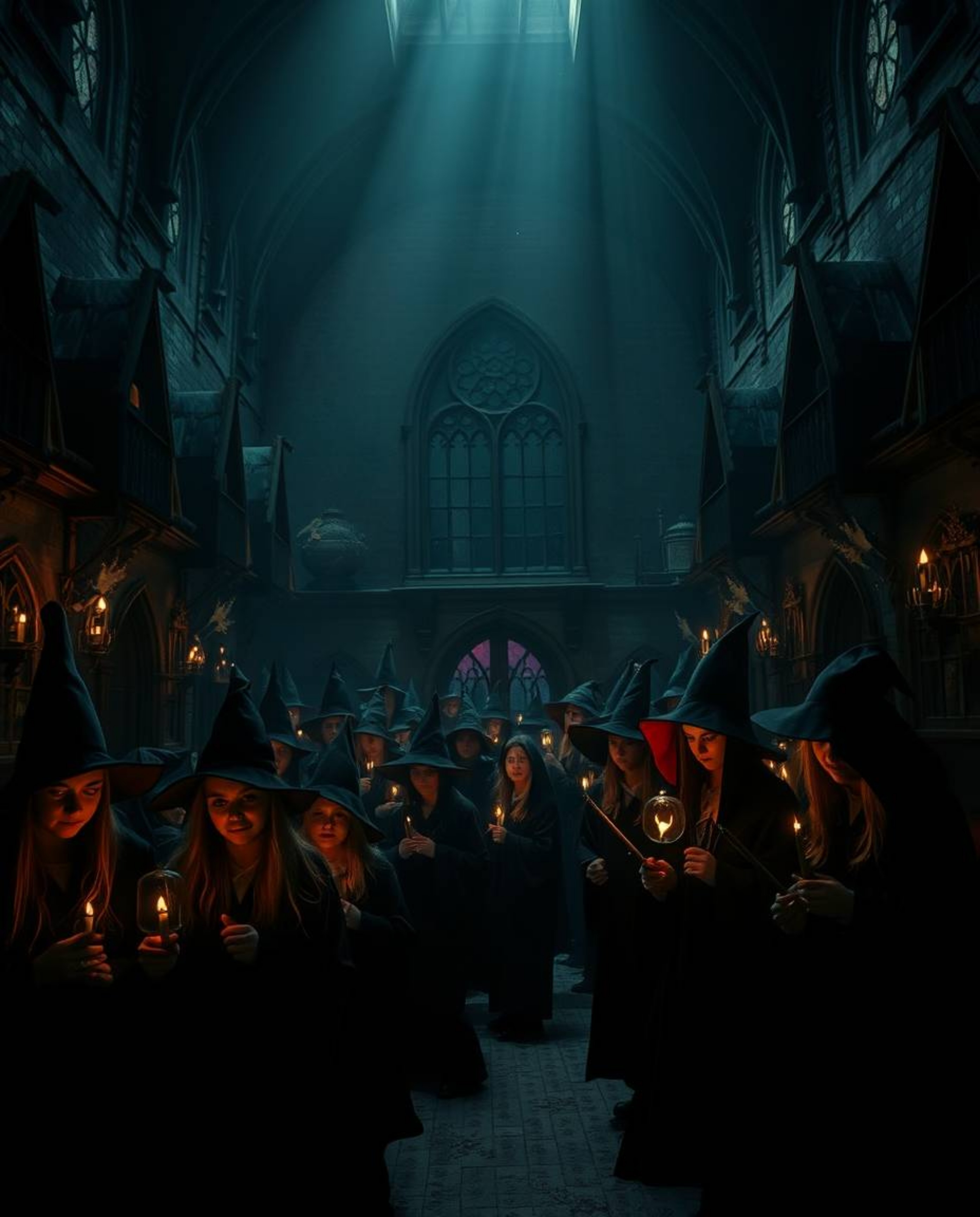 Step into a magical school filled with young wizards, where intense dramatic lighting casts long shadows and an eerie, creepy