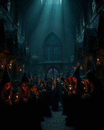Step into a magical school filled with young wizards, where intense dramatic lighting casts long shadows and an eerie, creepy