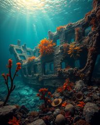 Discover a charming and adorable deep underwater shipwreck bathed in warm autumn hues. This earthy and cozy aesthetic is perf