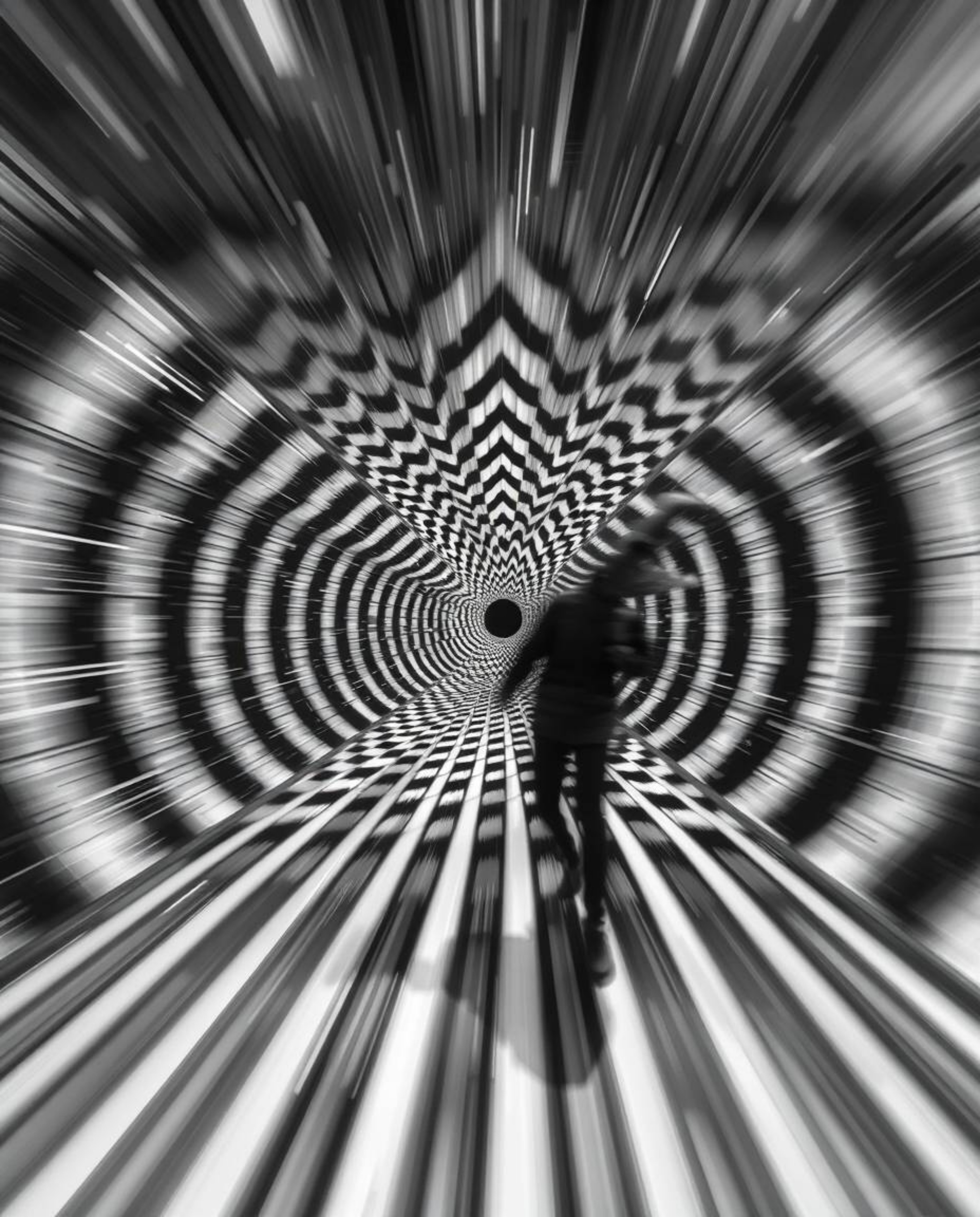 Explore a dynamic and surreal world with this infrared-toned image, featuring a captivating black and white geometric optical