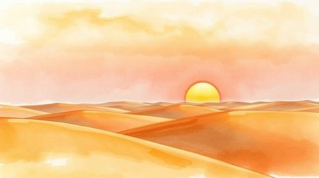 A captivating watercolor painting depicts a serene sunset over golden desert dunes.  The artist masterfully employs transluce