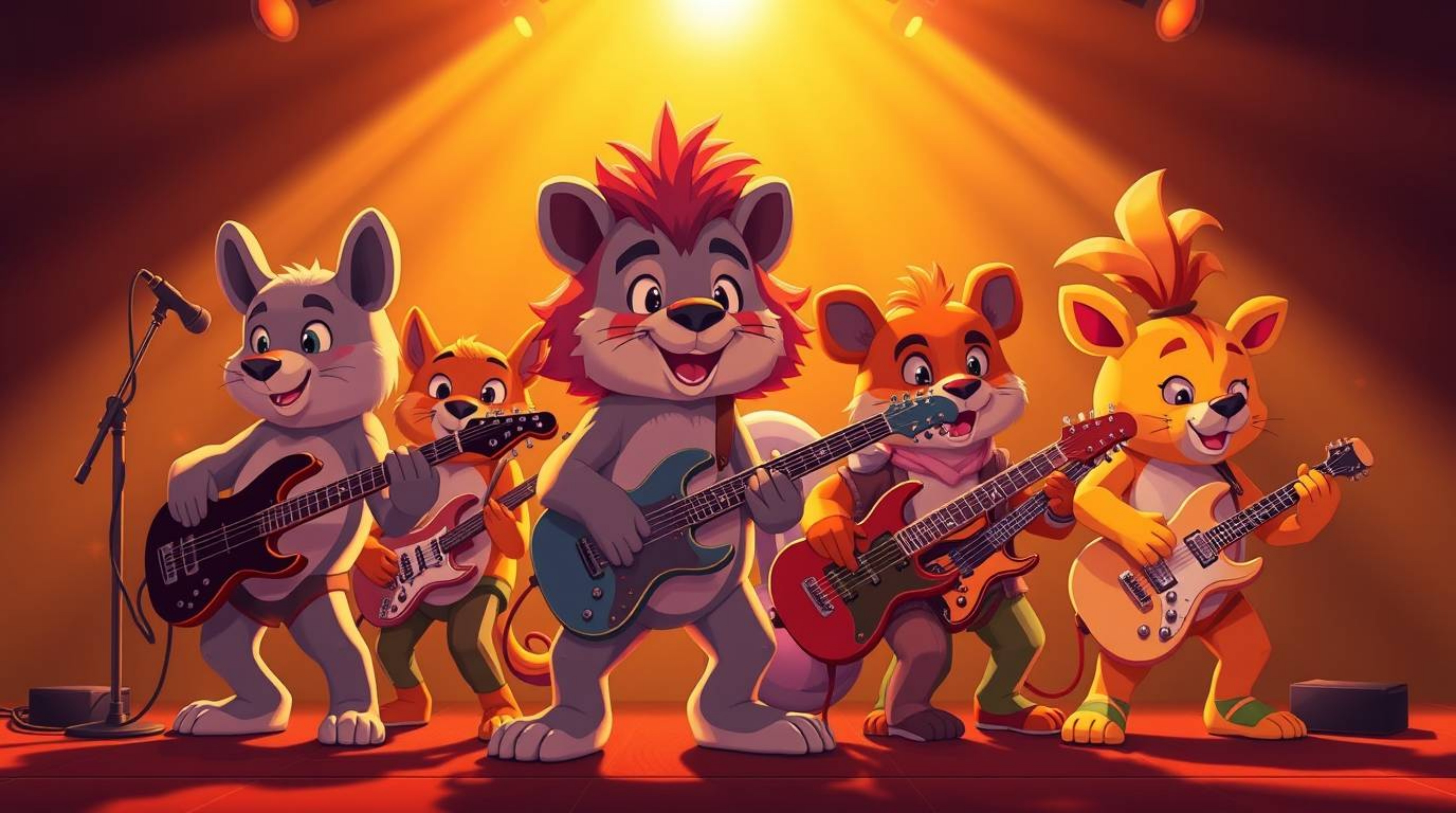 A radiant band of cartoon animals brings rock music to life, bathed in a warm golden glow. This luxurious cartoon style is ch