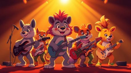A radiant band of cartoon animals brings rock music to life, bathed in a warm golden glow. This luxurious cartoon style is ch