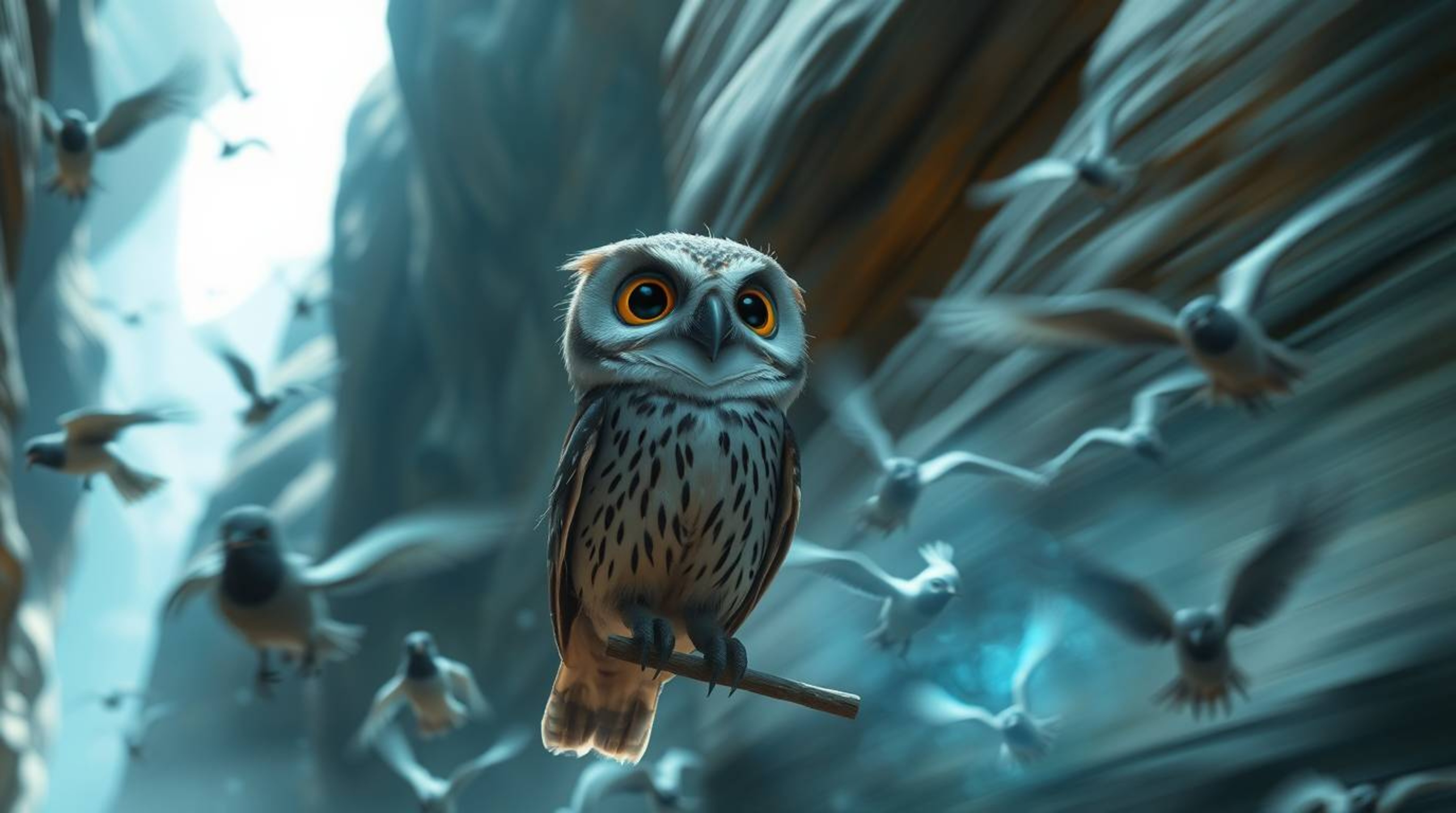 This Pixar-style image showcases a blind owl with expressive eyes as it guides birds through a magnificent canyon. The scene 