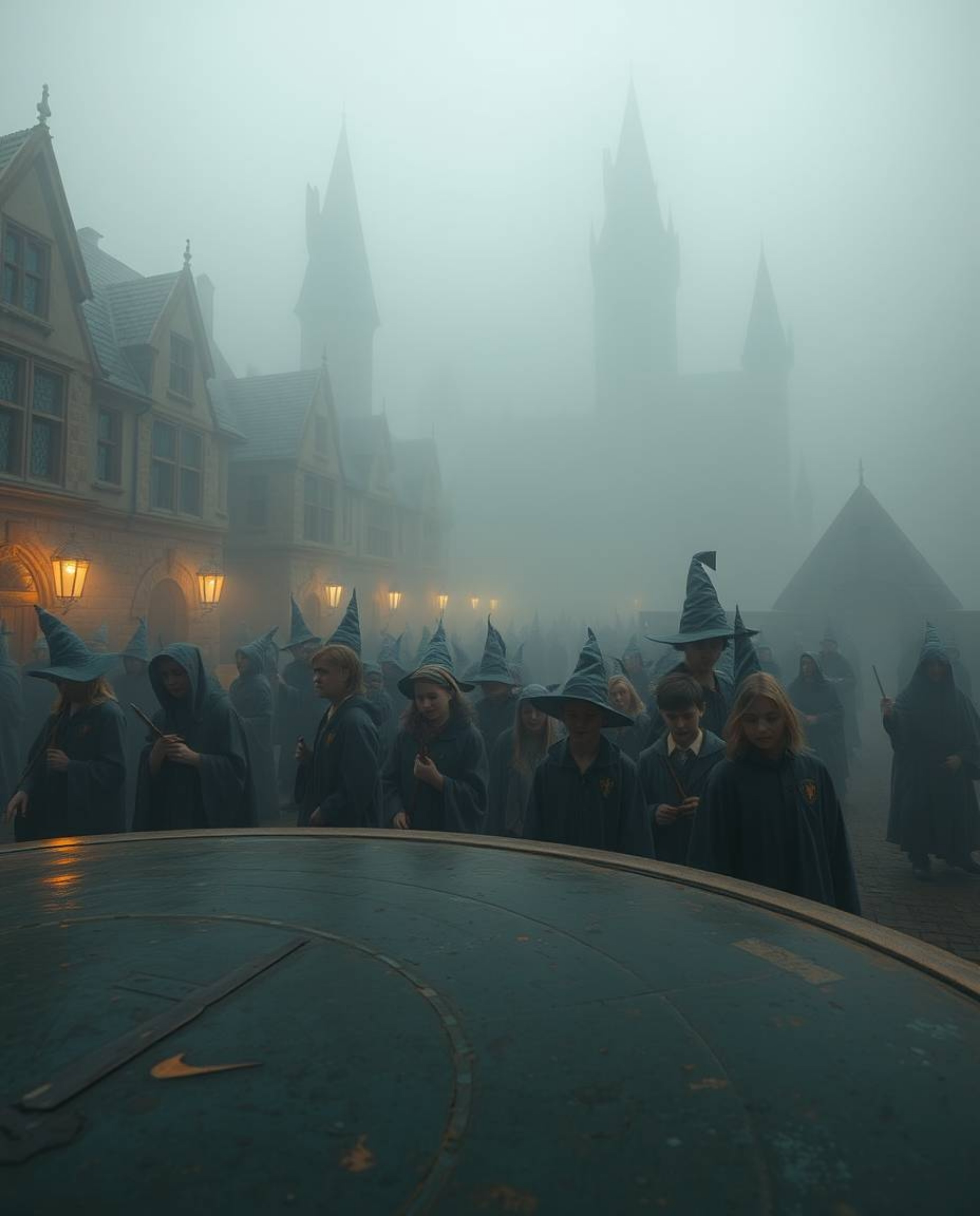 Immerse yourself in the enchanting ambiance of a magical school teeming with young wizards, shrouded in a dense fog and adorn