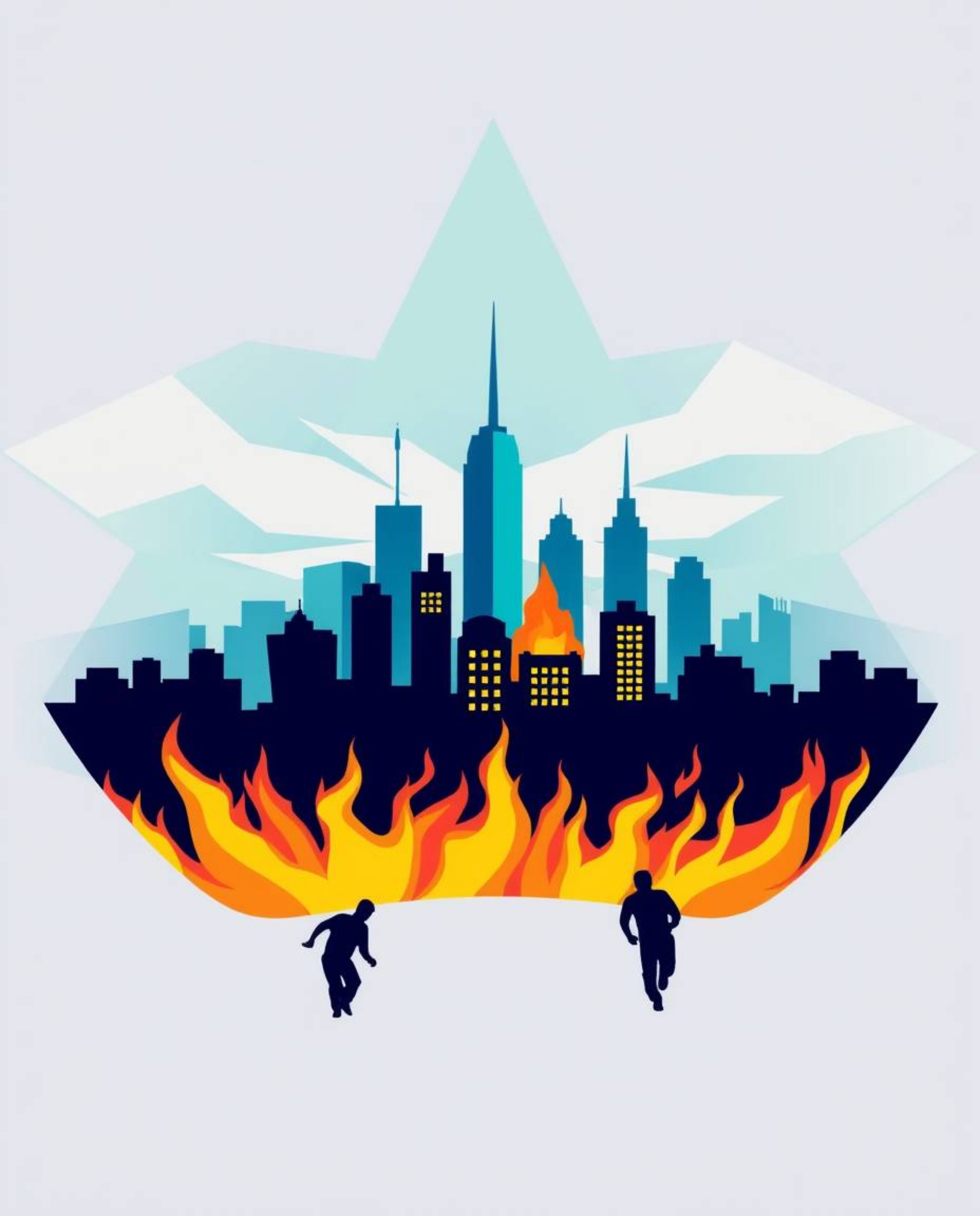 This cool-toned geometric logo depicts a city in flames with people running, creating a visually striking image.  The design 