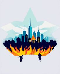 This cool-toned geometric logo depicts a city in flames with people running, creating a visually striking image.  The design 
