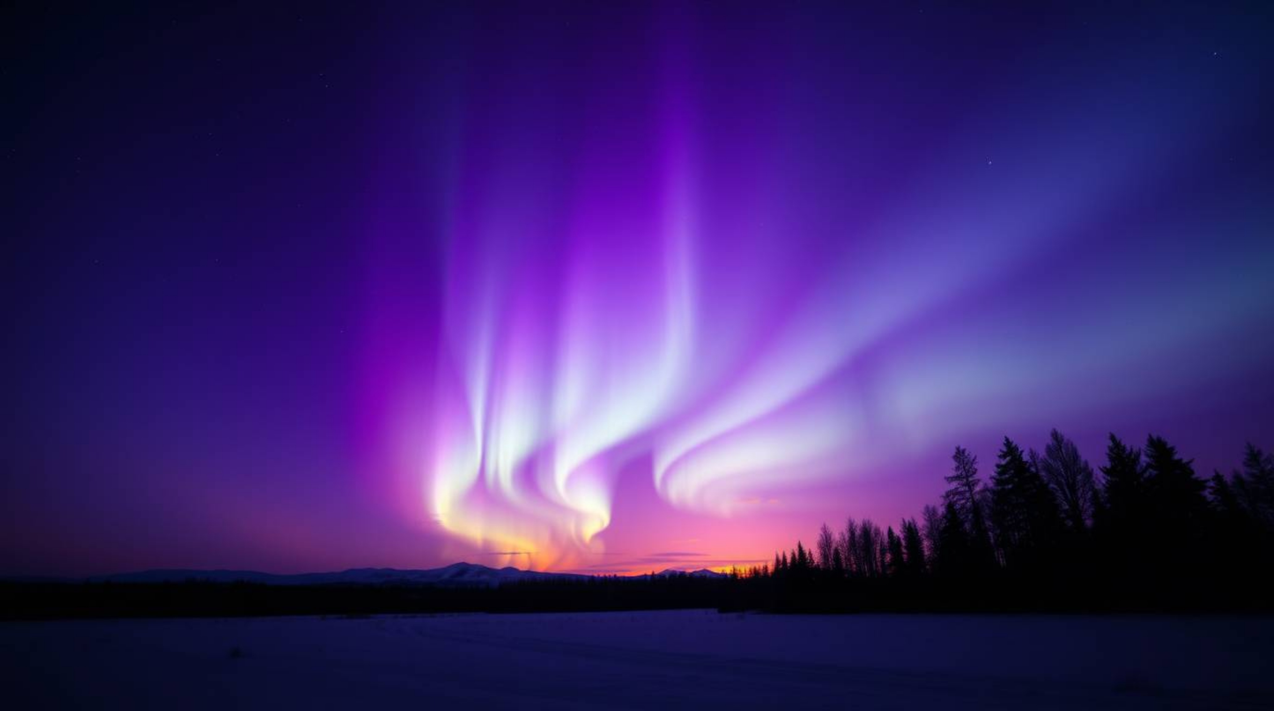 Witness a breathtaking spectacle of the Northern Lights emerging over a vibrant sunset sky. This image showcases deep ultravi