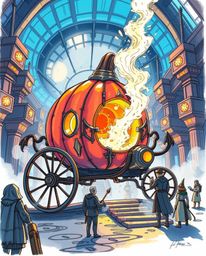 A captivating hand-drawn sketchnote depicts a magical pumpkin transforming into a majestic carriage in a futuristic setting. 