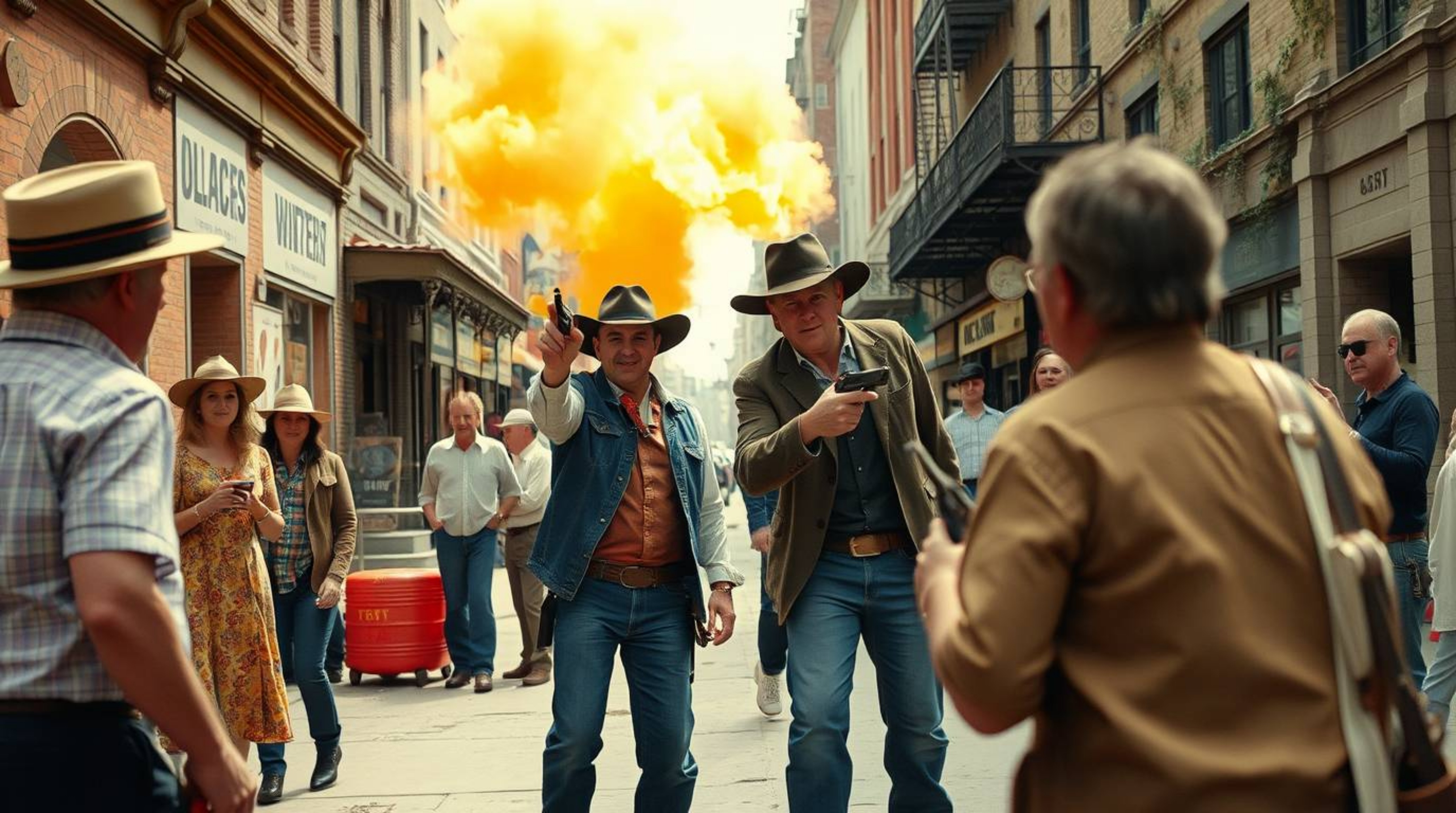Experience the thrill of candid street photography capturing a classic exploding TNT gag set in a Wild West urban scene.  The