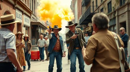 Experience the thrill of candid street photography capturing a classic exploding TNT gag set in a Wild West urban scene.  The