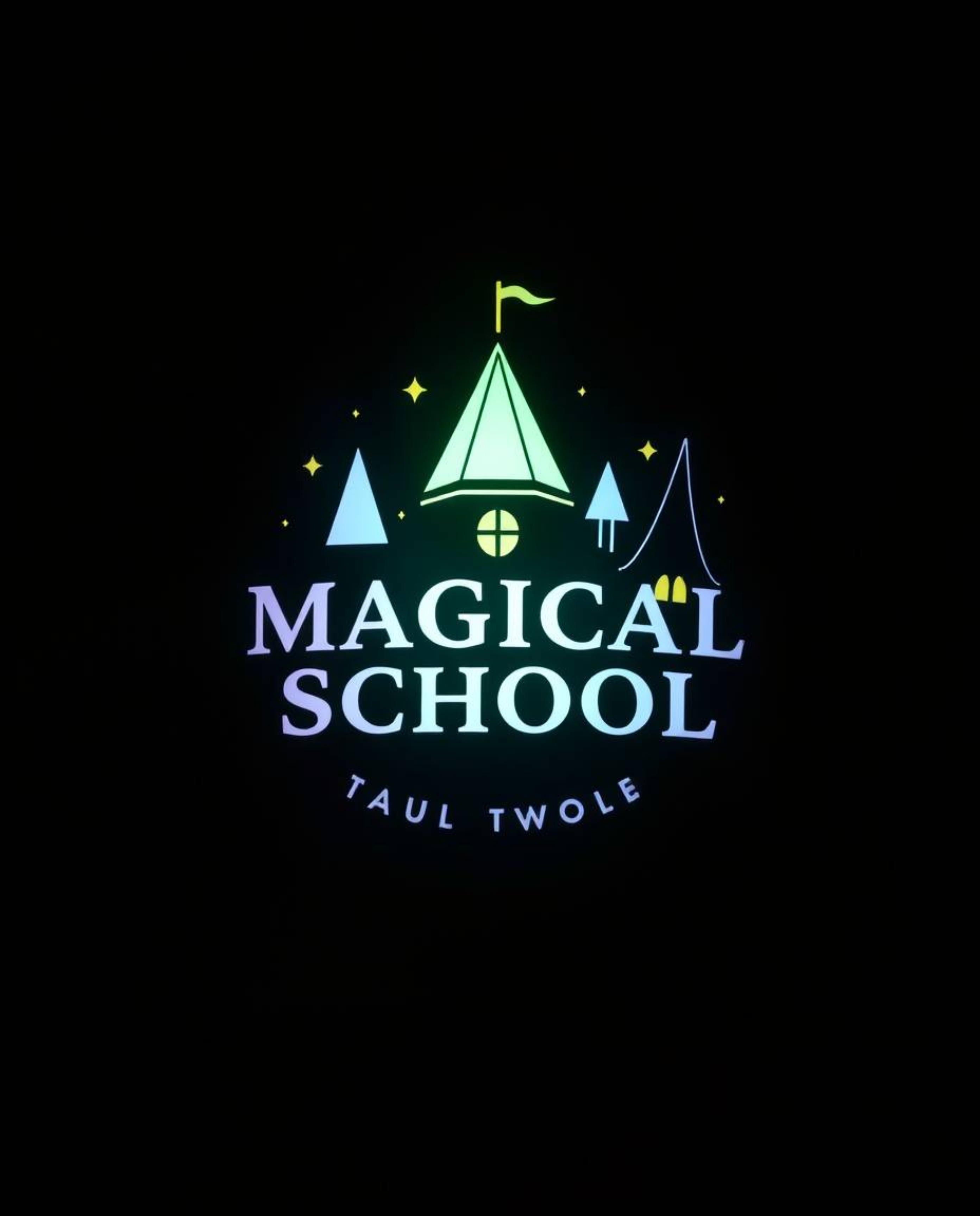 This magical school logo features a captivating design with soft pastel colors and geometric shapes, enhanced by intense, dra