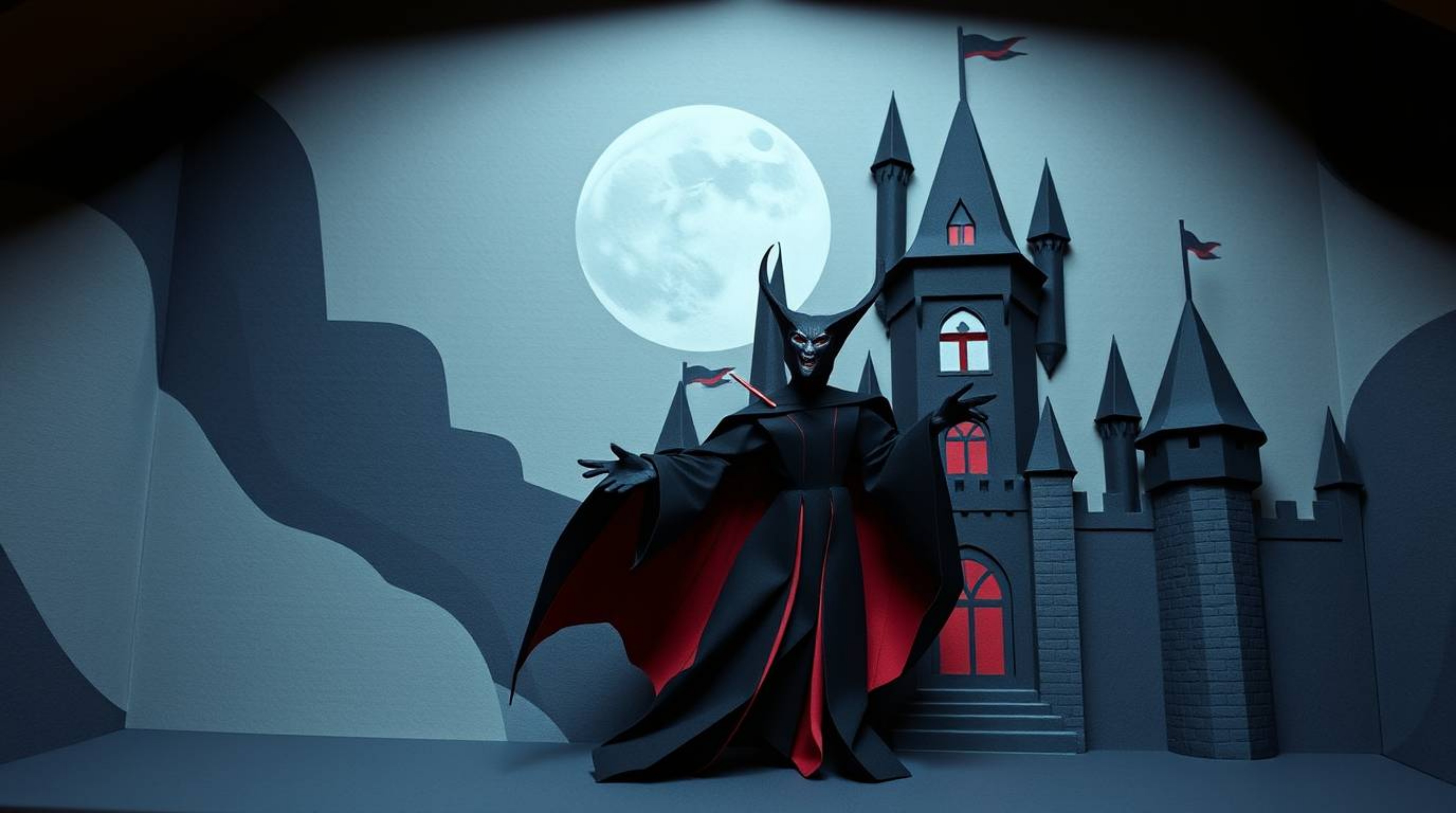A classic Disney villain is depicted casting a spell within the aged walls of an old castle, brought to life in an intricate