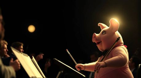 A captivating cinematic scene depicts a pig character dramatically conducting an orchestra.  The image utilizes striking chia