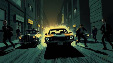 Experience a visually stunning chase scene brought to life through a cinematic illustration style. The artwork employs exagge