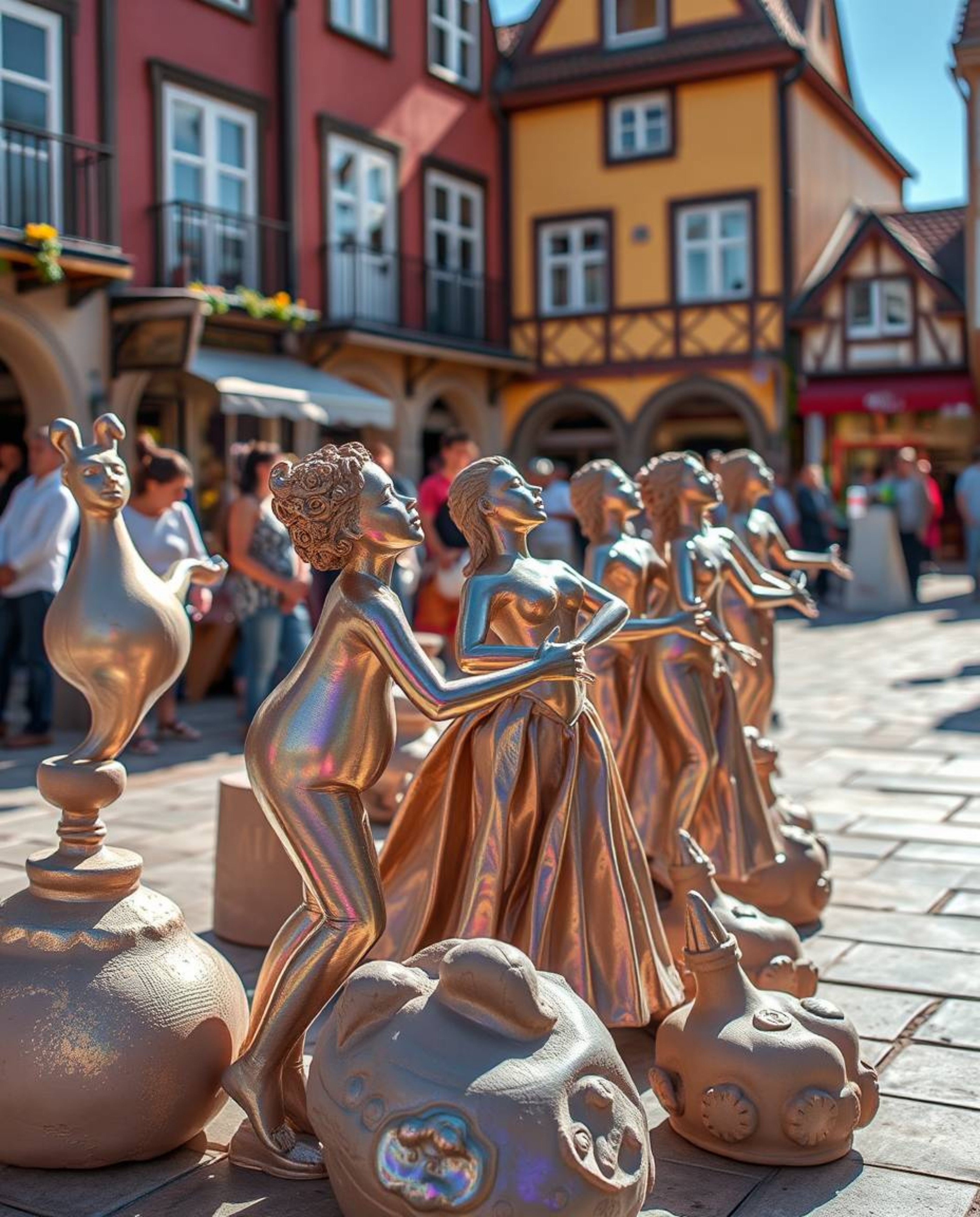 Experience a captivating musical performance in a vibrant town square.  Iridescent colors reflect on unique sculptural clay a