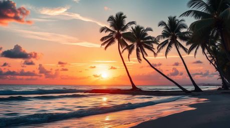 Experience the serenity of a tropical beach sunset with swaying palm trees and breathtaking iridescent reflections. This imag
