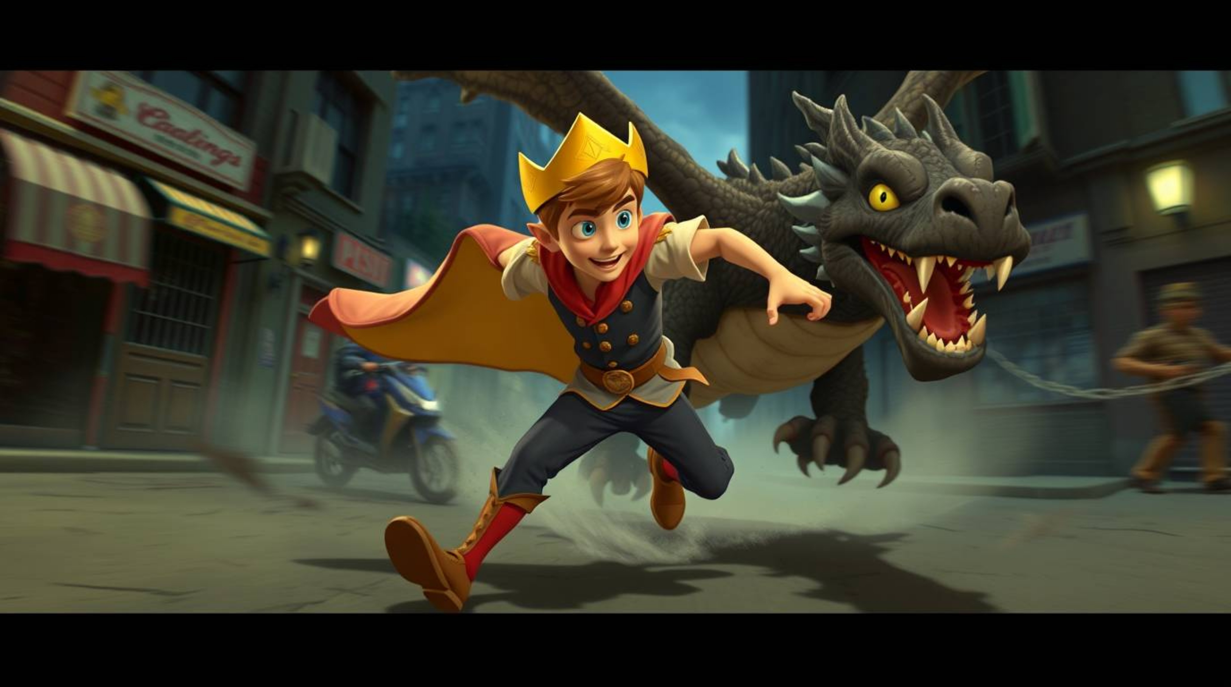 A charming prince, dynamically fighting a dragon in a gritty, 1950s-inspired urban setting.  This captivating animation evoke
