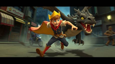 A charming prince, dynamically fighting a dragon in a gritty, 1950s-inspired urban setting. This captivating animation evoke