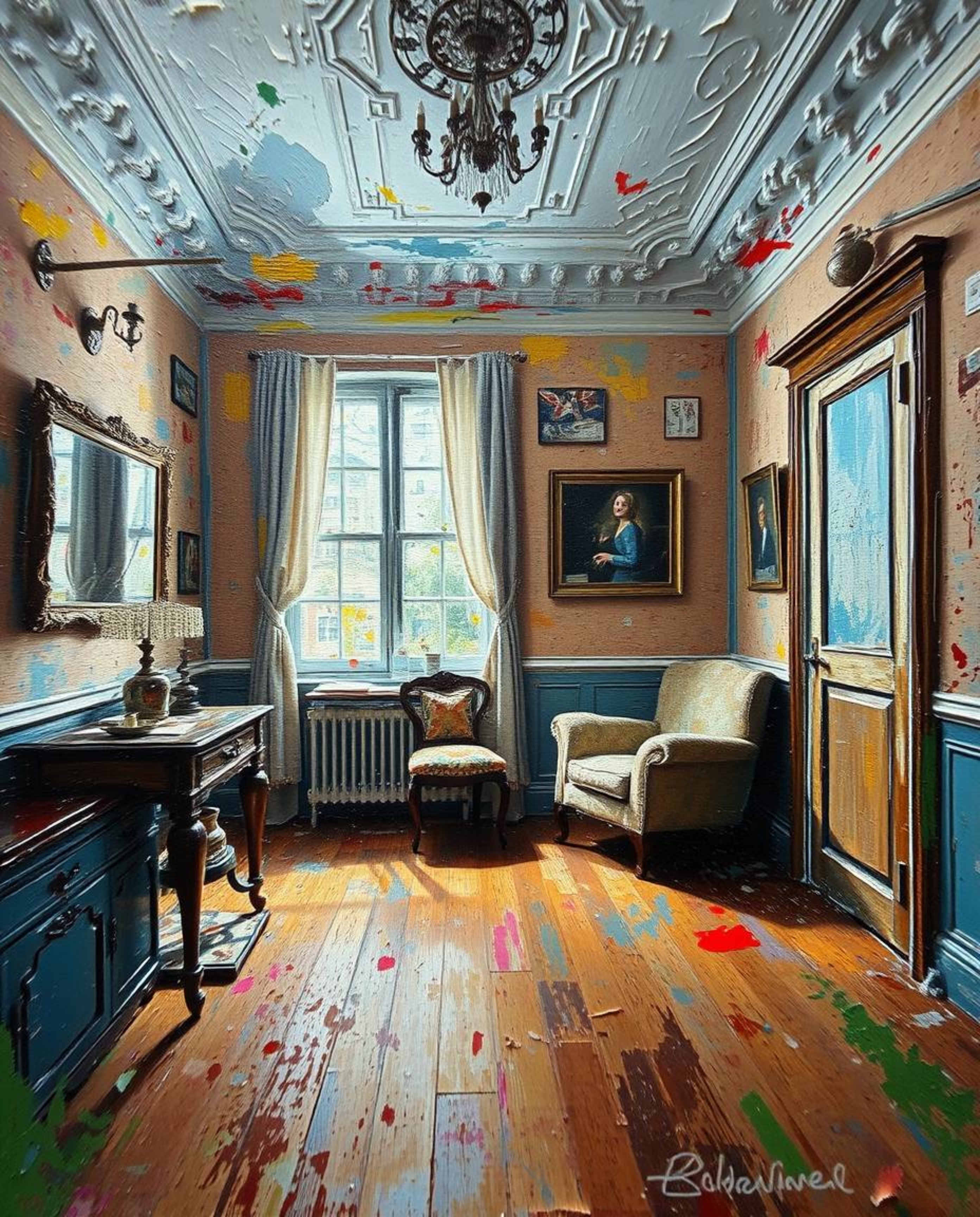 Immerse yourself in a classic oil painting style with an extreme macro close-up view of a room exploding with paint. This art