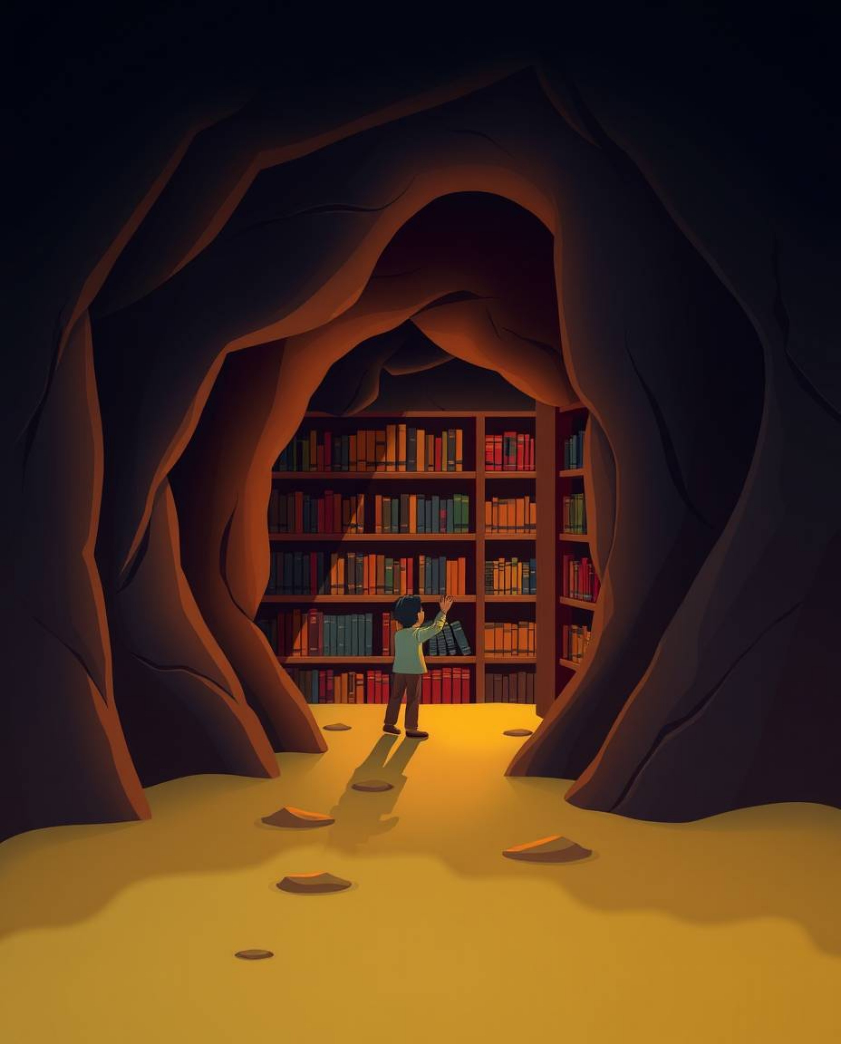 Discover a mesmerizing stylized image of a person unearthing a hidden underground library. The artwork boasts a smooth gradie