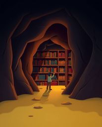 Discover a mesmerizing stylized image of a person unearthing a hidden underground library. The artwork boasts a smooth gradie