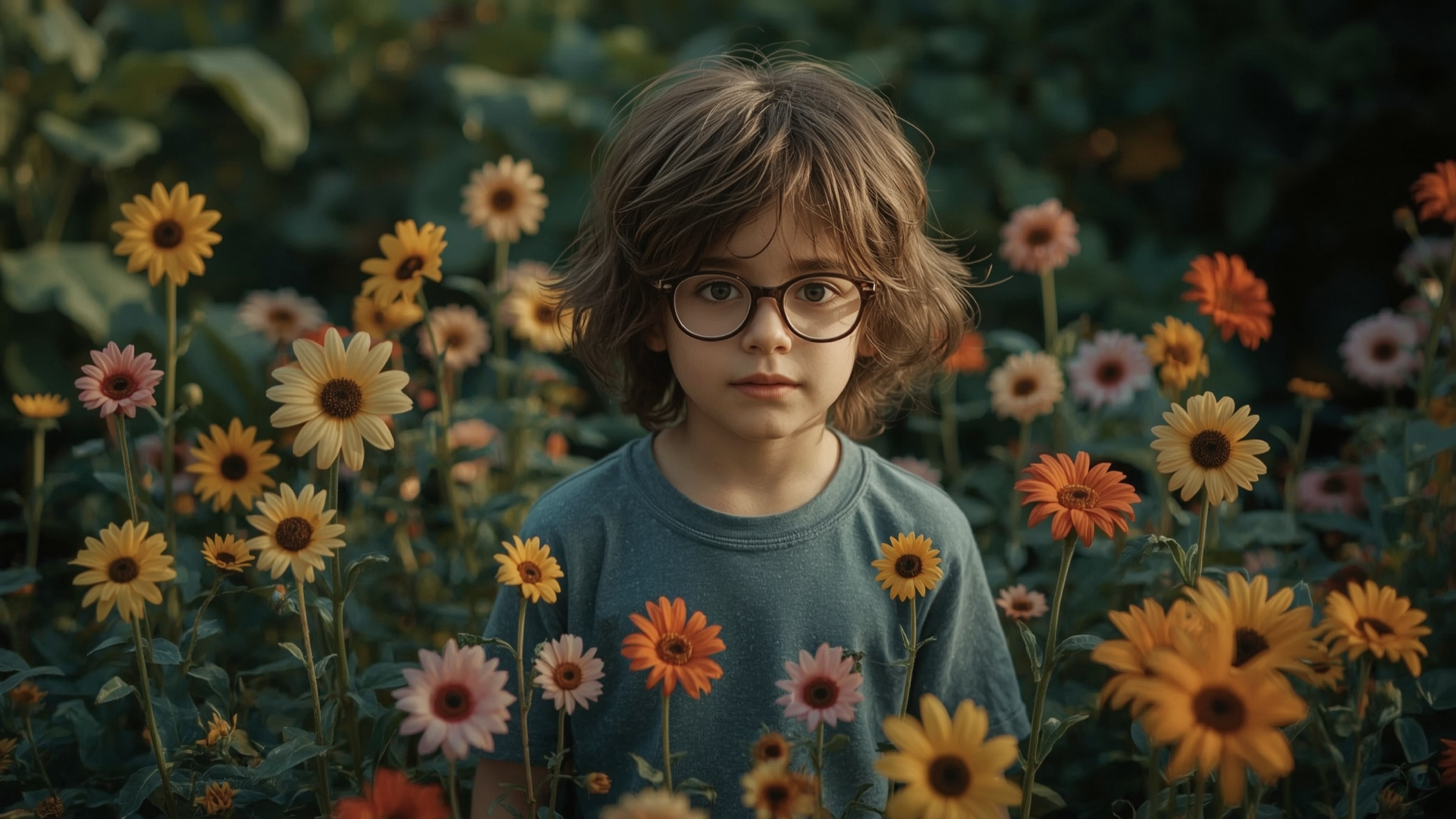 In a cinematic photograph reminiscent of a Pixar animation, a brilliant and introverted homeschooled child stands amidst a wh