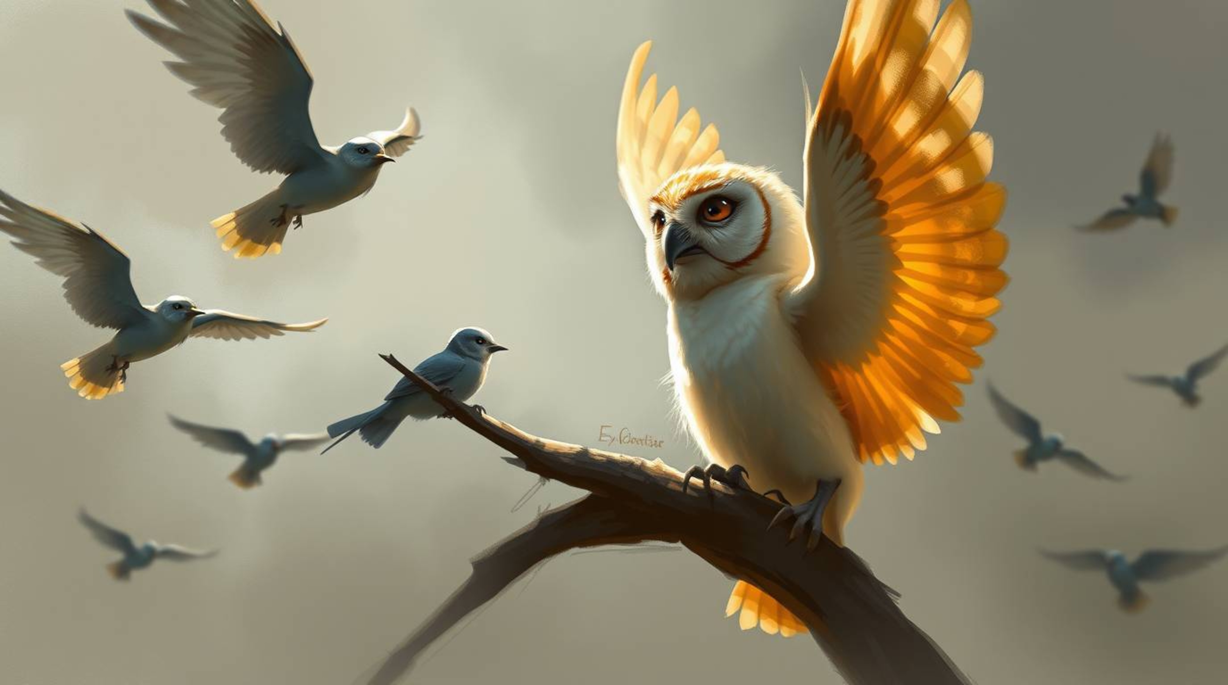 A heartwarming digital sketch in the style of Pixar portrays a blind owl with incredibly soft feathers, gently guiding birds 