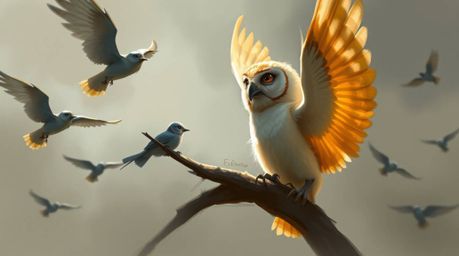 A heartwarming digital sketch in the style of Pixar portrays a blind owl with incredibly soft feathers, gently guiding birds 