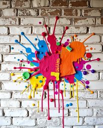 This vibrant image showcases a captivating piece of street art.  Colorful graffiti splashes adorn a brick wall, creating a dy