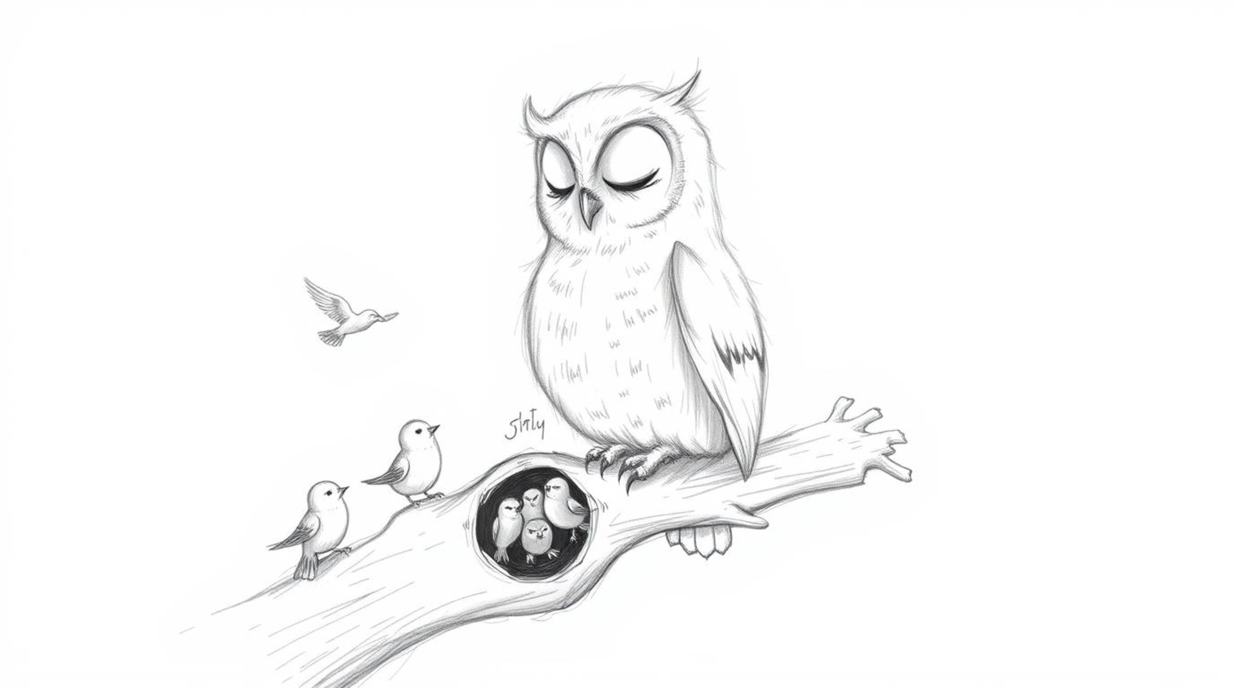 A heartwarming hand-drawn sketch in the style of Pixar depicts a blind owl with incredibly soft feathers perched on a hollow 