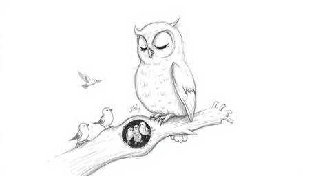 A heartwarming hand-drawn sketch in the style of Pixar depicts a blind owl with incredibly soft feathers perched on a hollow 
