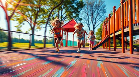 Experience a dramatic slow-motion run through a playground, vividly rendered in a bold acrylic painting style.  This artwork 