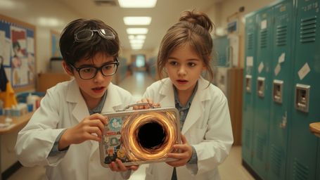 A vibrant, cinematic photograph captures a dynamic science fair duo in a style reminiscent of Pixar's playful storytelling. A