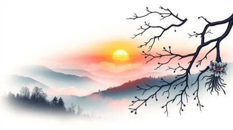 A vibrant retro-style traditional tattoo print showcases ethereal, fog-covered hills bathed in the golden light of a breathta