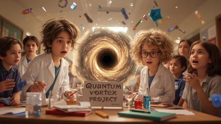 A vibrant, whimsical, and dynamic Pixar-inspired cinematic photo captures a science fair duo, a boy with messy brown hair and