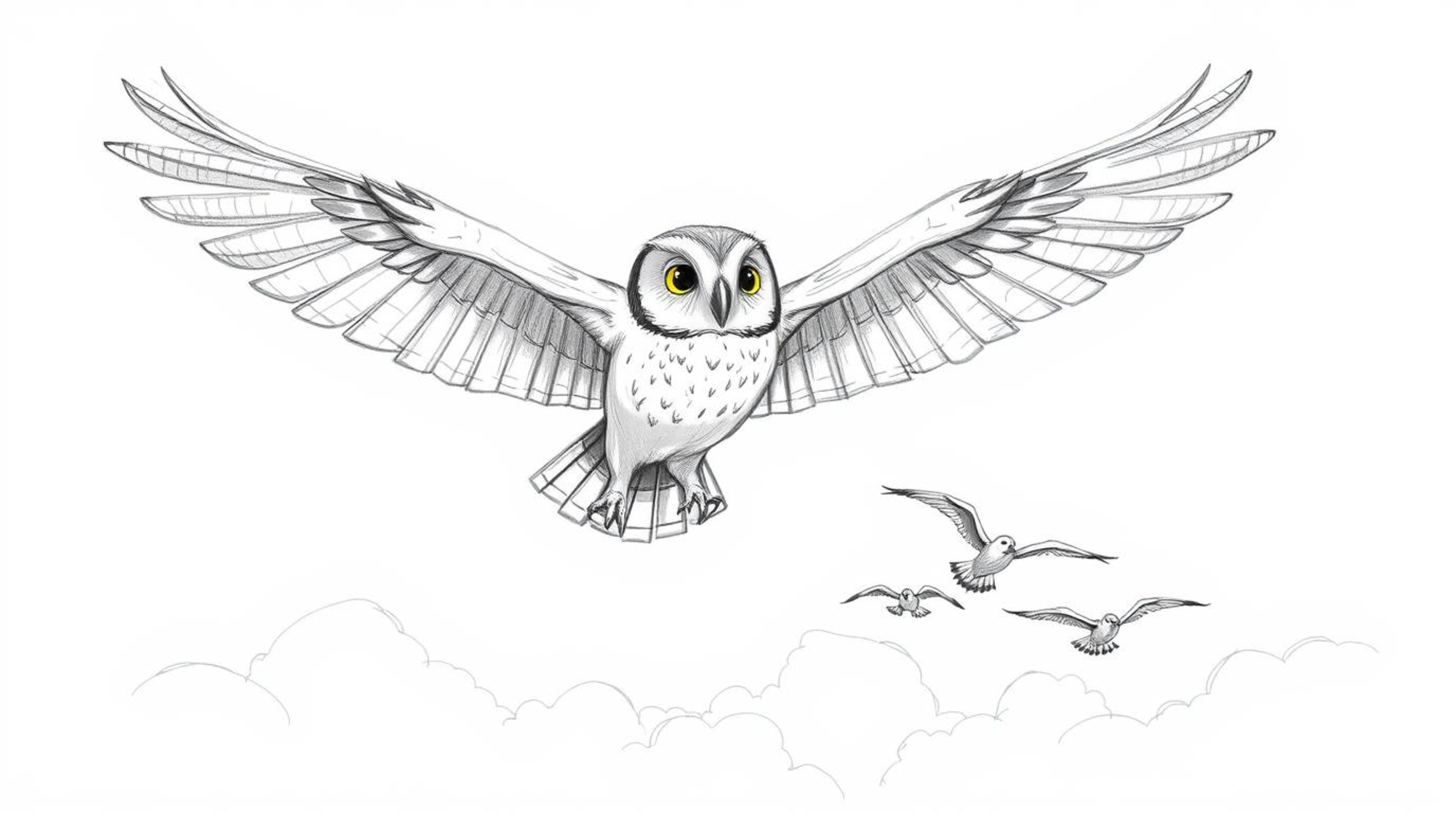 A captivating hand-drawn sketch, rendered in the style of Pixar, portrays a majestic blind owl with textured pencil strokes s