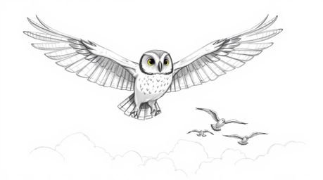 A captivating hand-drawn sketch, rendered in the style of Pixar, portrays a majestic blind owl with textured pencil strokes s